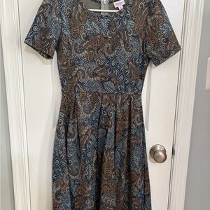 LuLaRoe Midi Dress in Blue and Brown Paisley